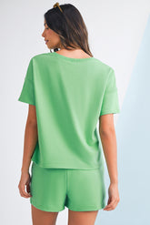 Mint Green V Neck Drop Shoulder Tee and Patchwork Shorts Set